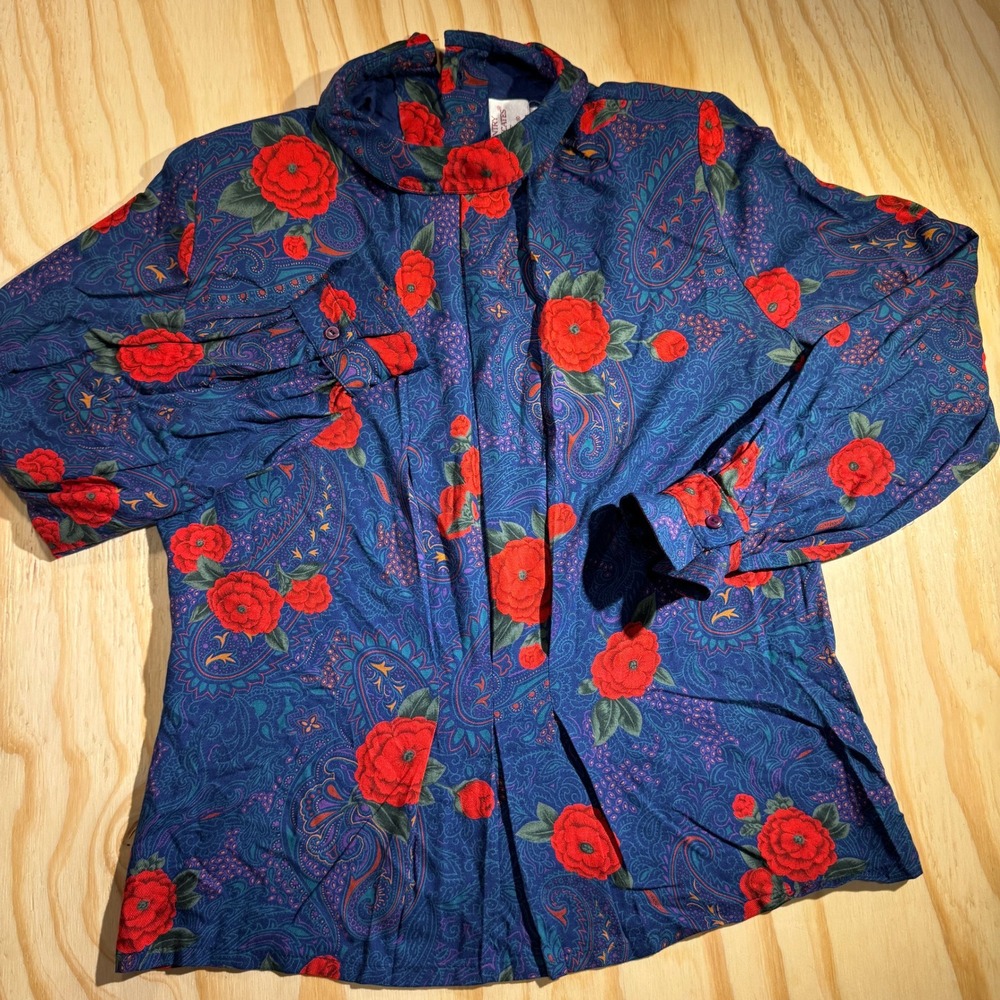 Vintage Pendleton Country Sophisticates Blue Red‎ Floral Paisley Blouse Petite